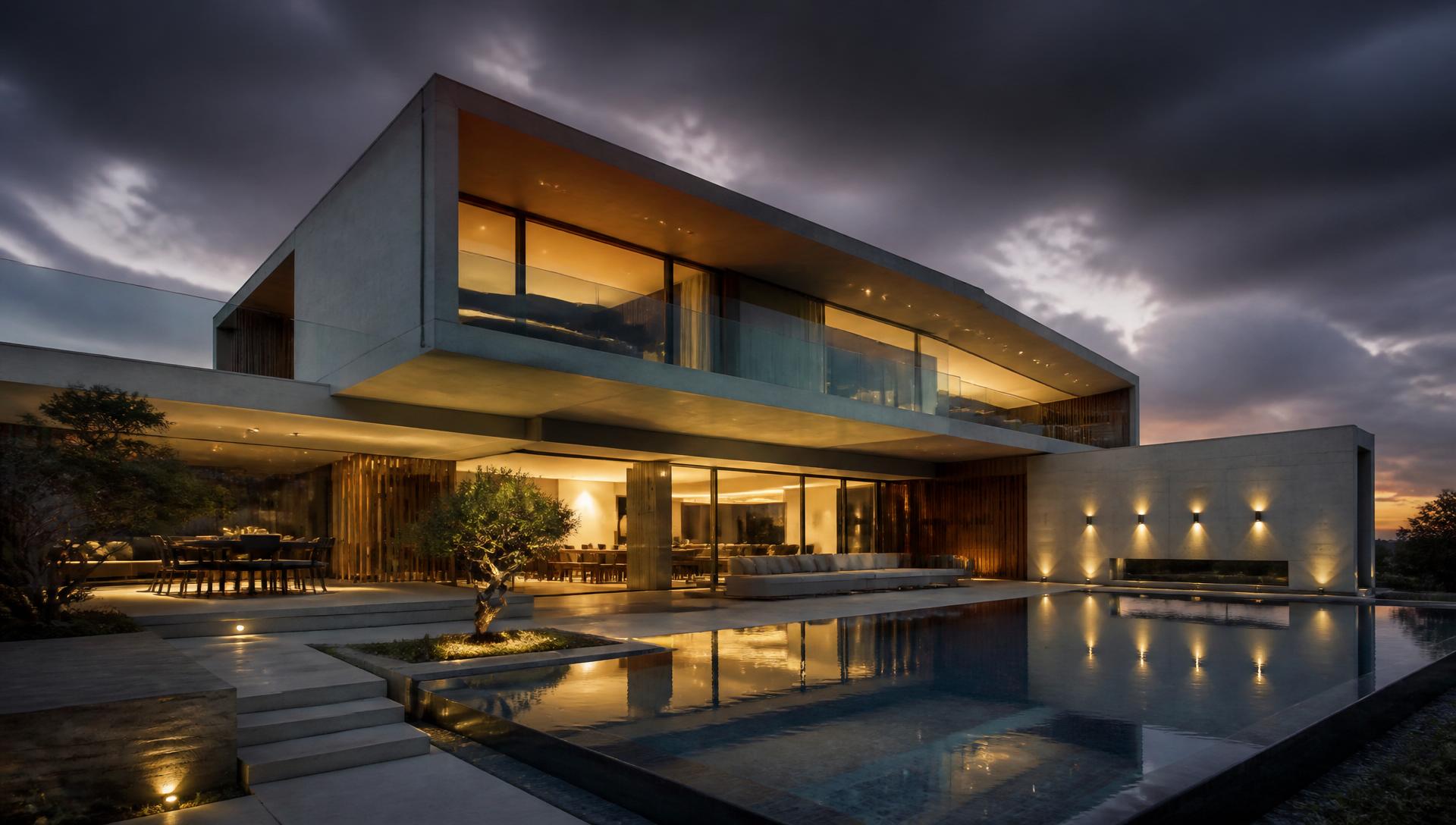 Illuminated minimalist concrete and glass villa at dusk