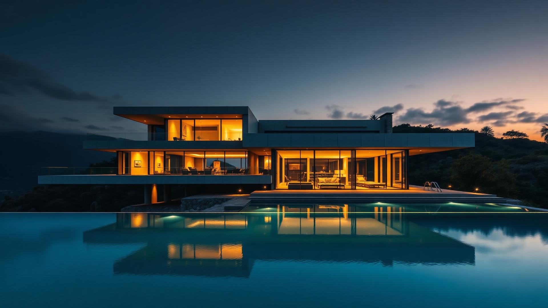 Modern luxury villa with pool at golden hour